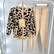 Load image into Gallery viewer, MVGIRLRU Autumn and Winter Women Suits Leopard  Knitted O-Collor Panllover Sweater and Pants Two Piece Set
