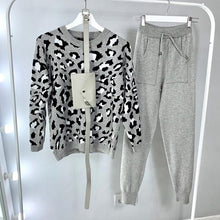 Load image into Gallery viewer, MVGIRLRU Autumn and Winter Women Suits Leopard  Knitted O-Collor Panllover Sweater and Pants Two Piece Set