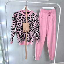 Load image into Gallery viewer, MVGIRLRU Autumn and Winter Women Suits Leopard  Knitted O-Collor Panllover Sweater and Pants Two Piece Set